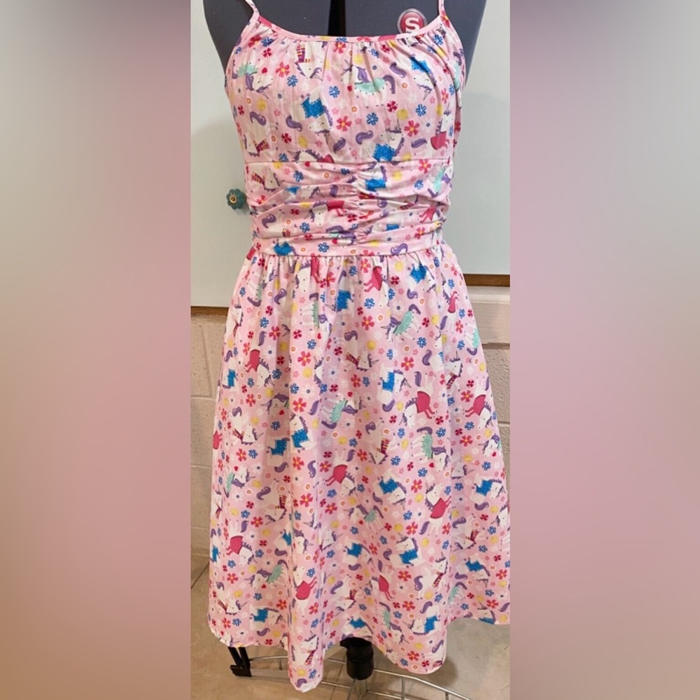 Retrolicious Pink Unicorn Flower Print Midi Dress With Pockets Sz XL